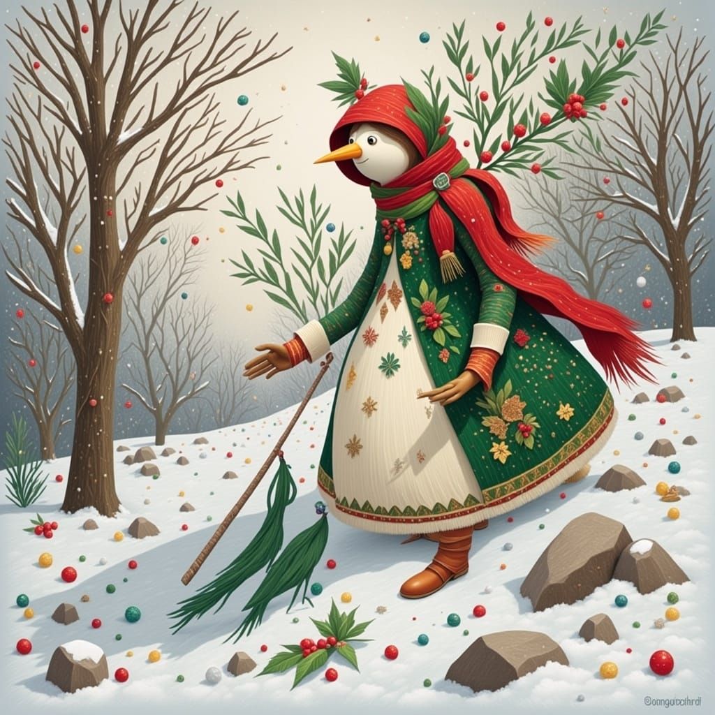 Vibrant Snow Woman in 3D Pop-up Book with Holly Berries