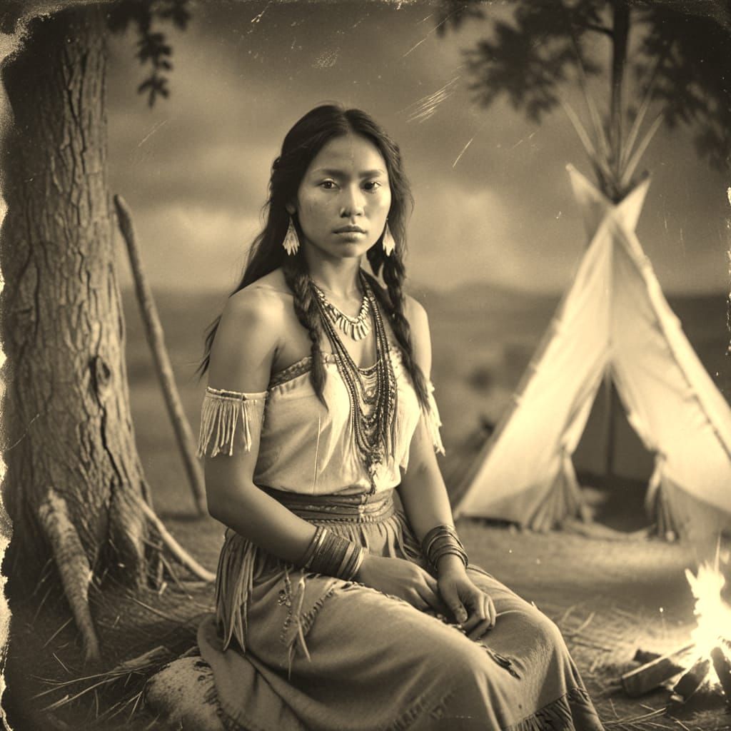 Native American Princess: 19th Century Sepia Photograph