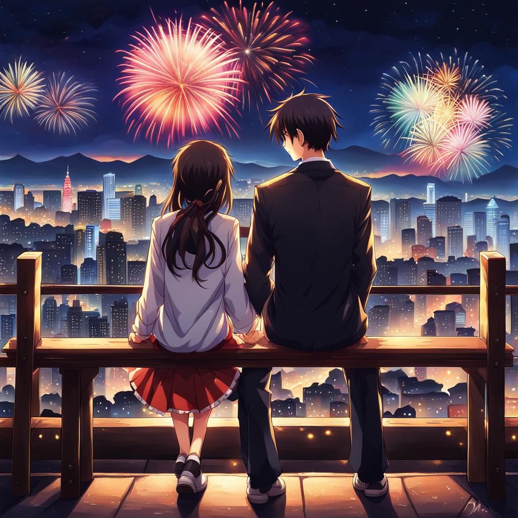 Anime Students Watching Fireworks at Night