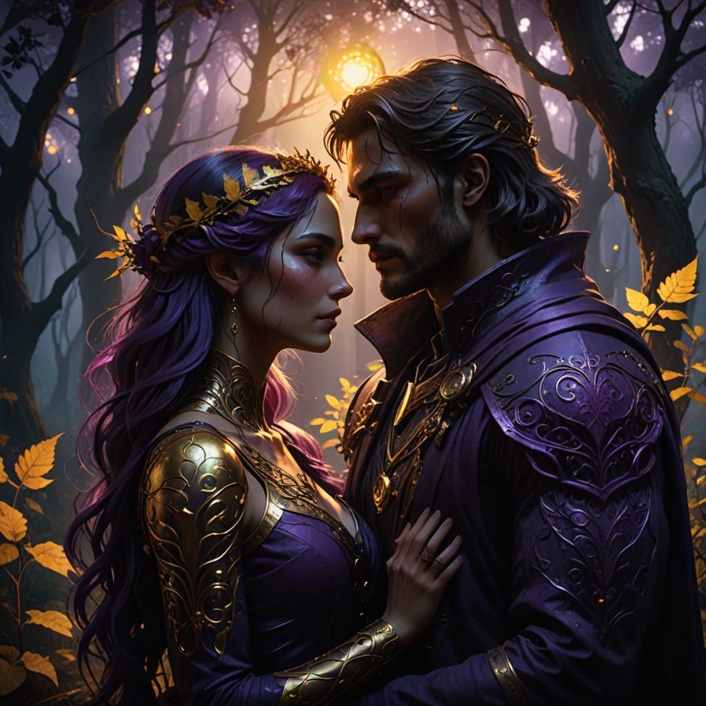 Mystical Forest Lovers in Golden Twilight