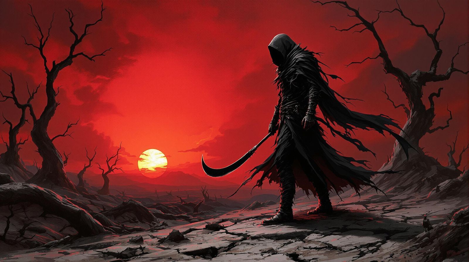 Angel of Death in Scarlet Sunset, Dark Fantasy Art