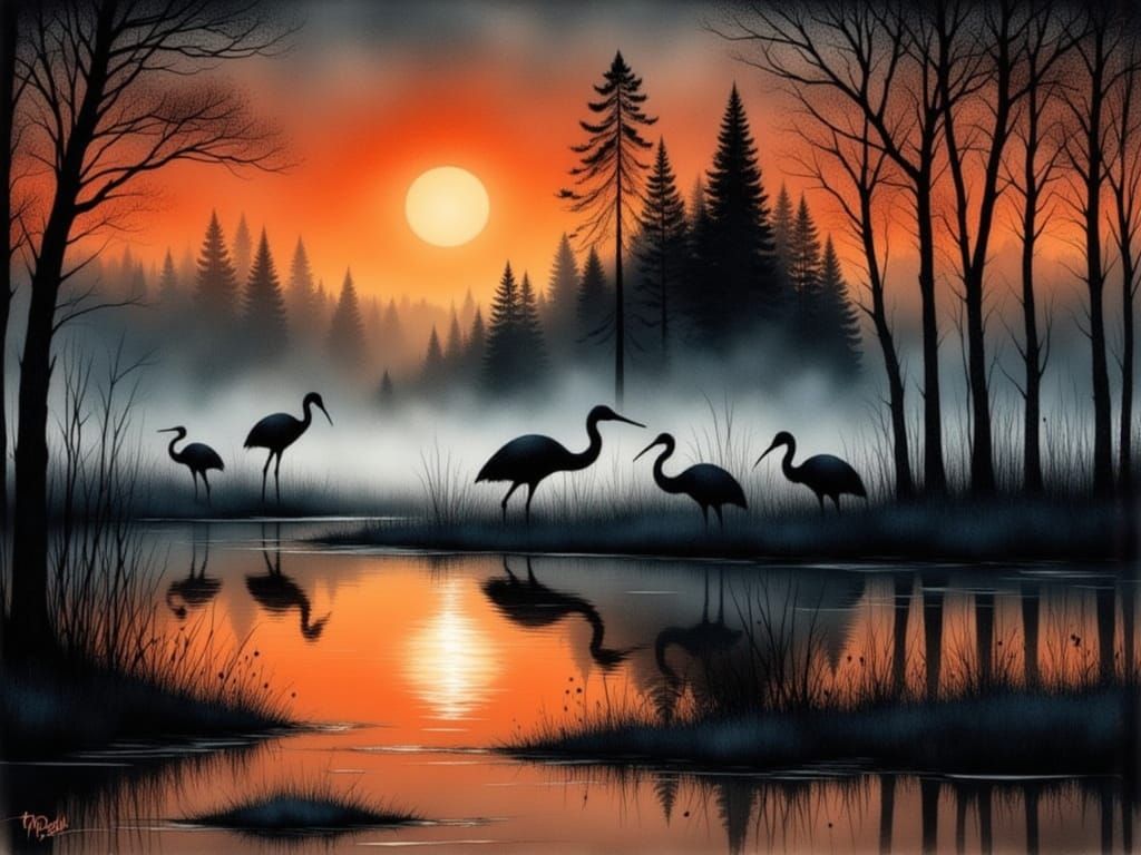 Cranes in Serene Evening Lake Landscape