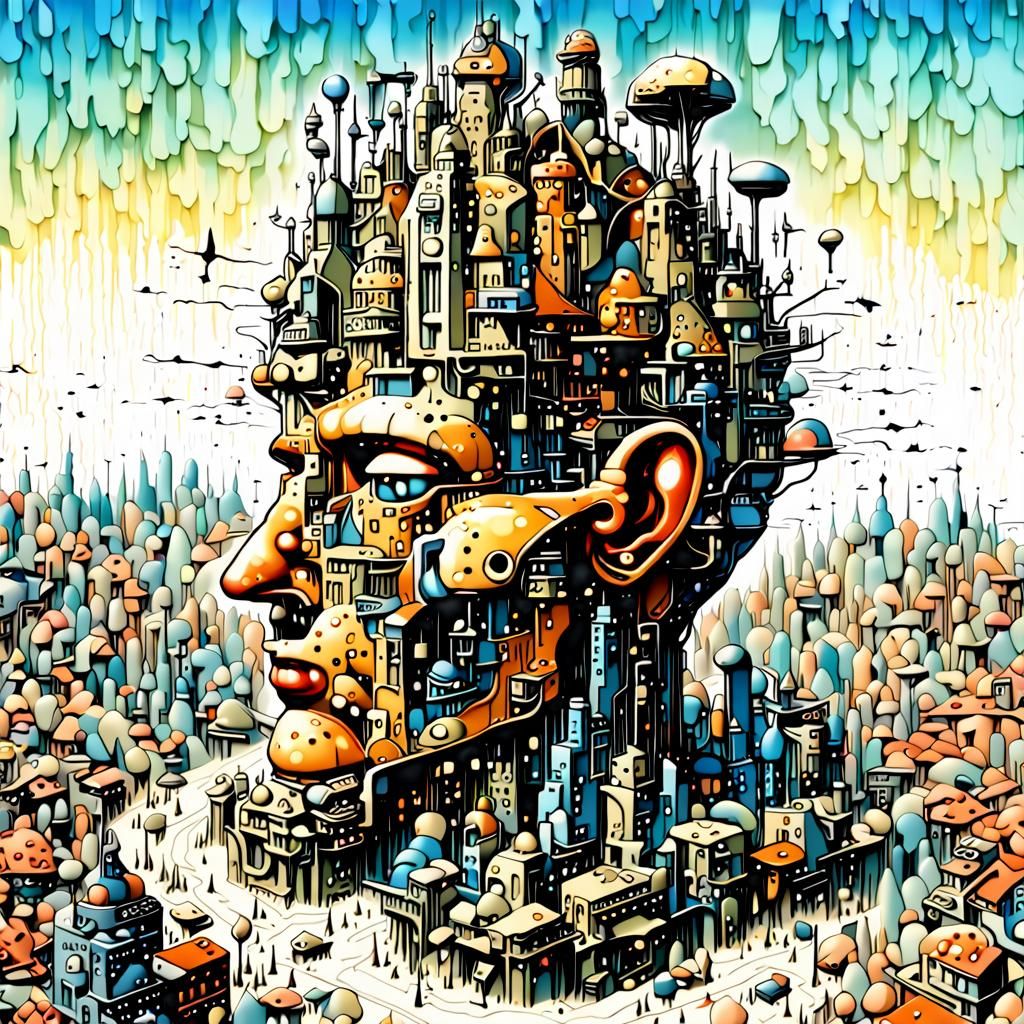 Cybernetic Brain City Inside Colossal Head