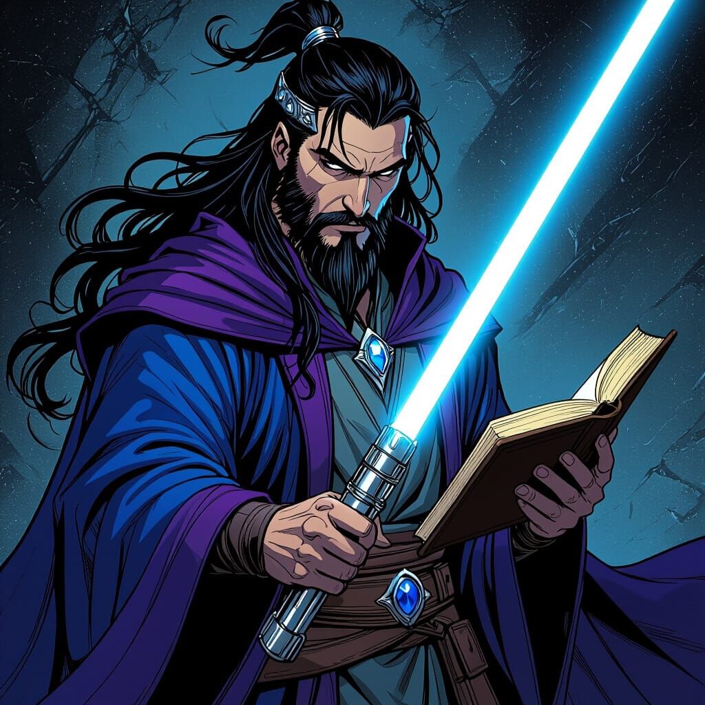 Comic Style Wizard with Lightsaber and Book