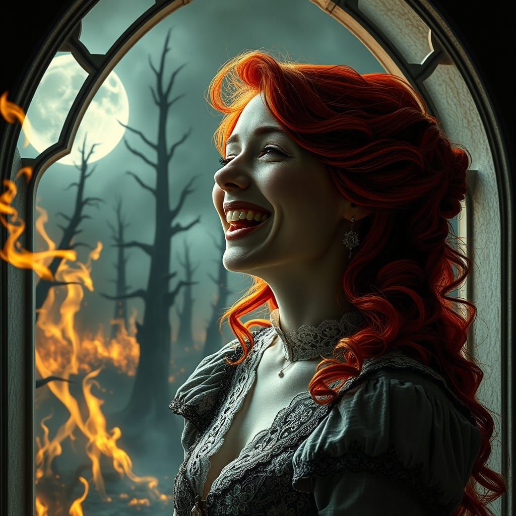 Ethereal Dystopian Goddess in Victorian Attire Amidst Burnin...