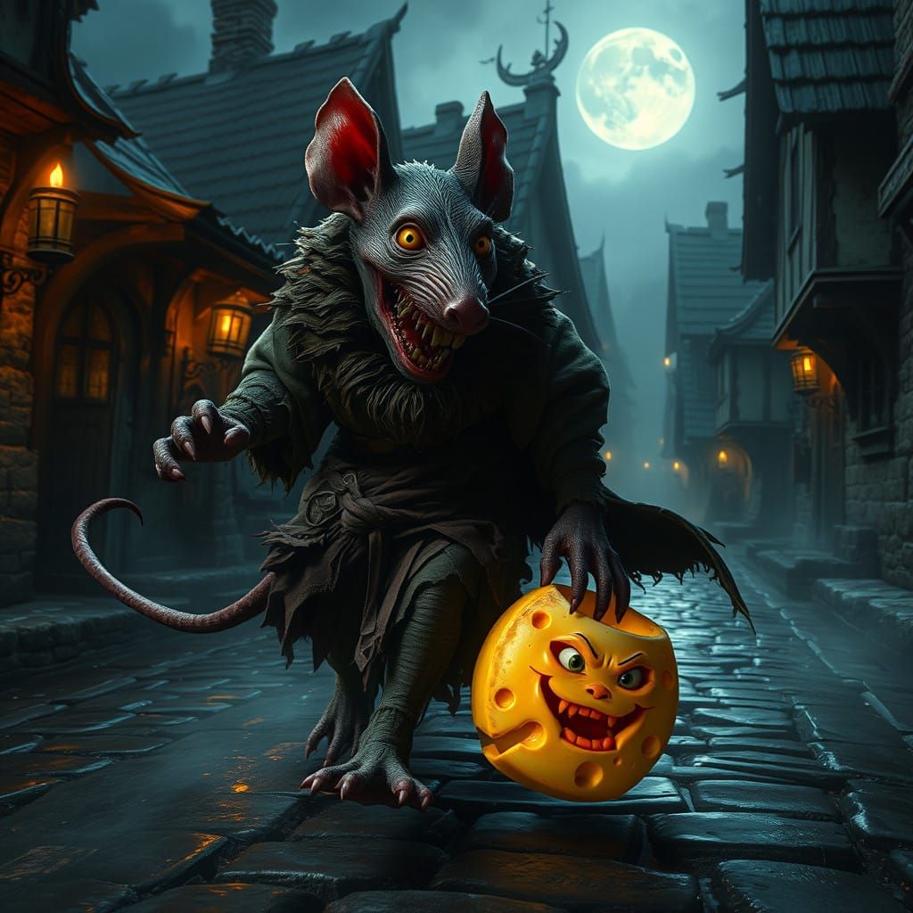 Grotesque Skaven Man in Midnight Chase Through Medieval Vill...