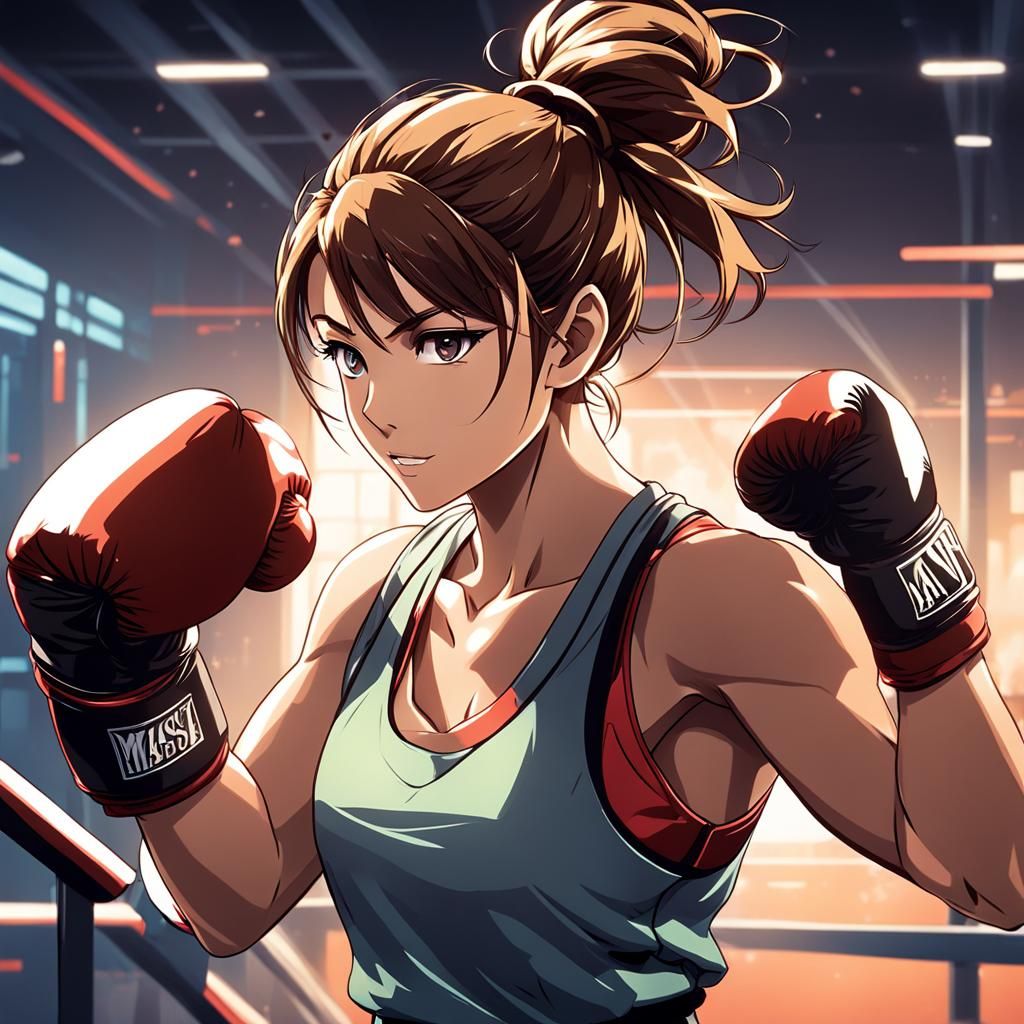 Anime Girl with Boxing Gloves in Gym