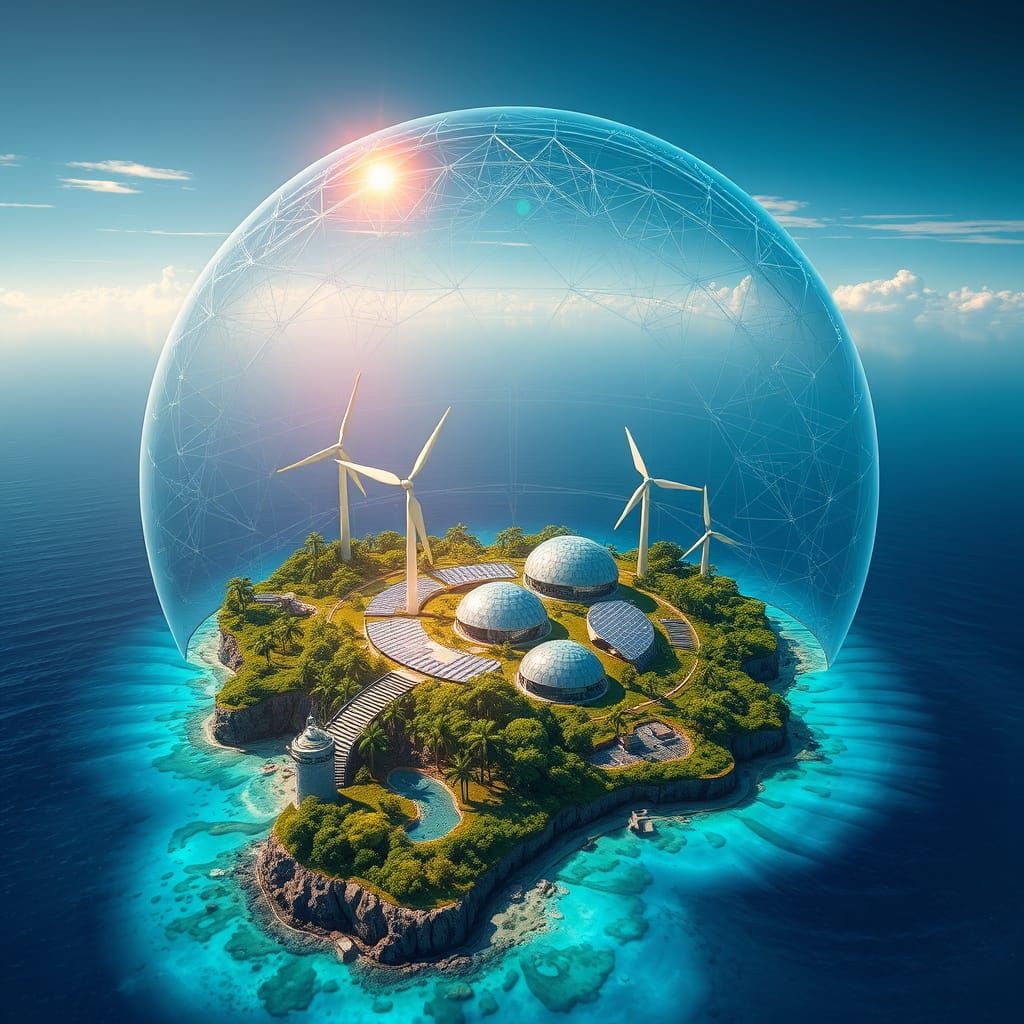 A dystopian, futuristic solar punk settlement on an island i...