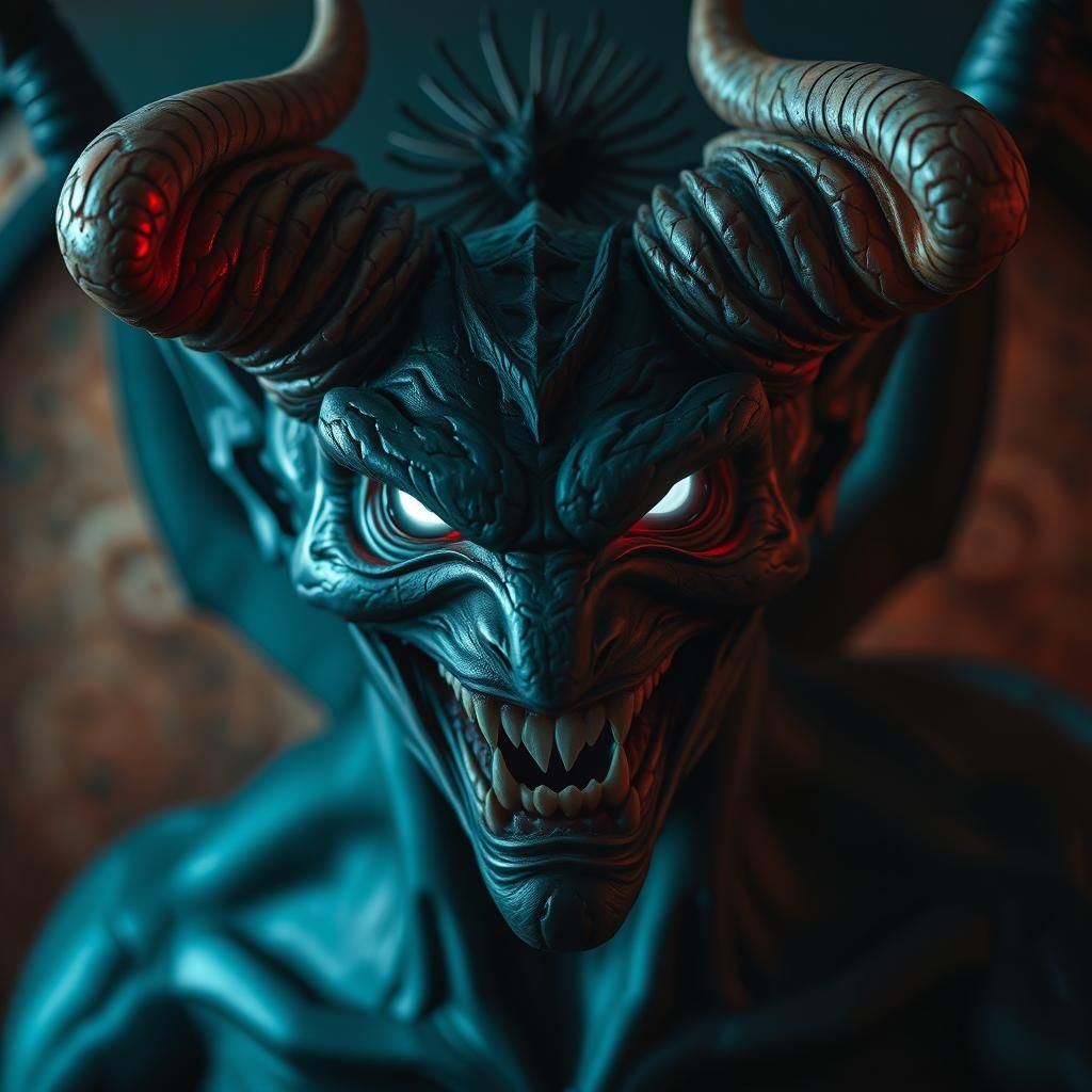 Hyperrealistic Demon with Horns, Wings, and Glowing Eyes
