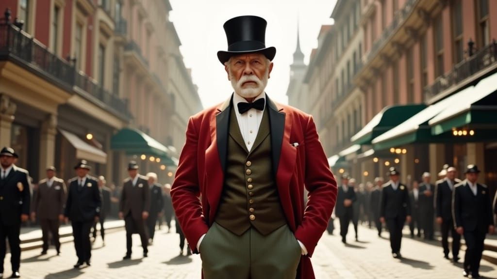 Monopoly Man in Vintage Street Scene Oil Painting