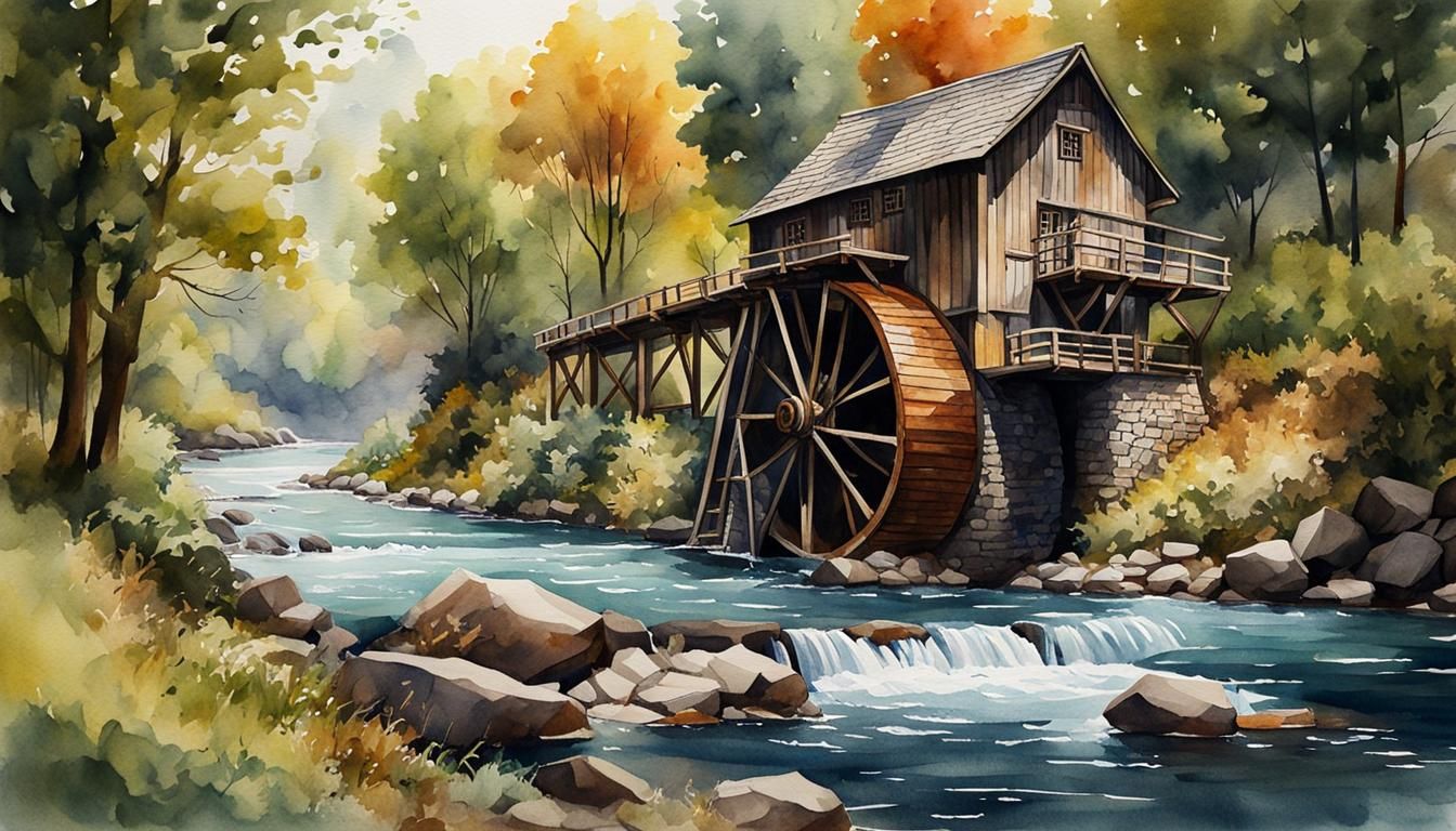 Watercolor River Mill: Detailed Abstract Art