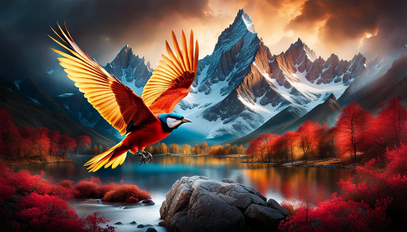 Majestic Mountains with Bird, Photorealistic Painting