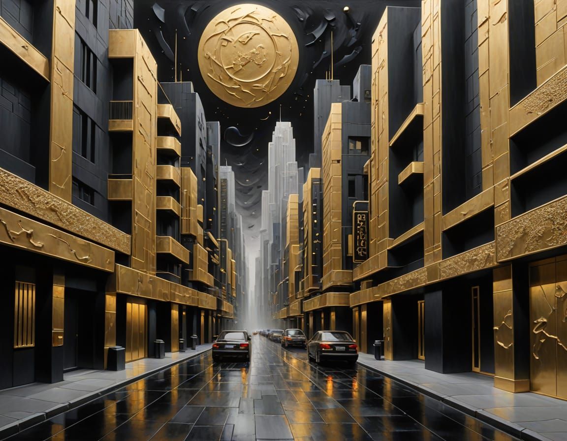 Futuristic Urban Street Scene in Modern Decorative Art Style