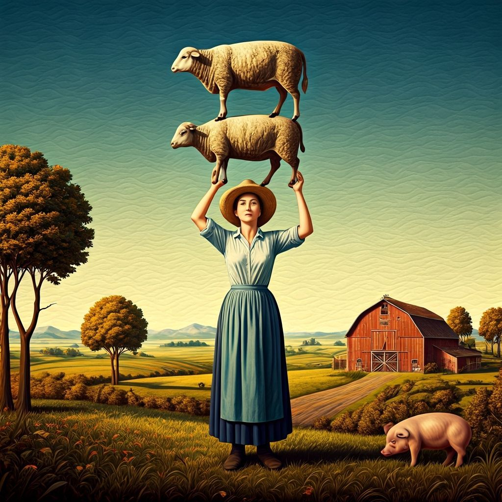 Surreal Farm Scene: Woman Juggles Animals in Italian Country...