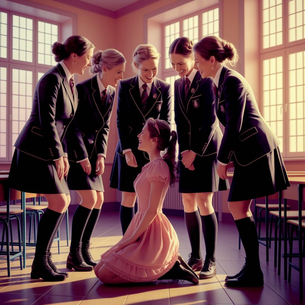 Five German Teachers Laugh at a Kneeling Student in a Pink D...