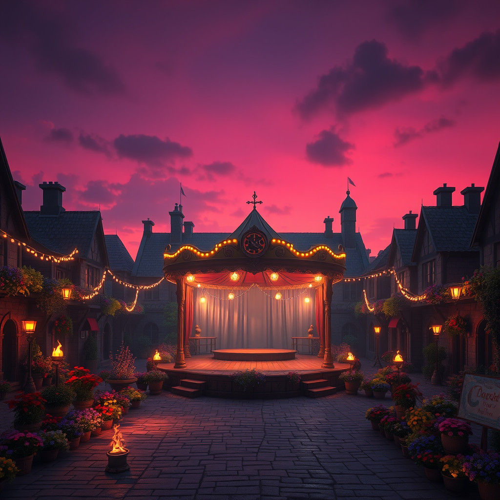 Medieval Square at Dusk with Fairy Lights