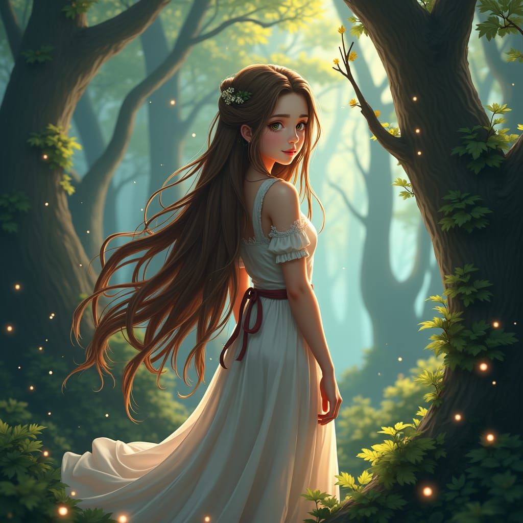 Anime Girl with Waterfall Braids in Enchanted Forest