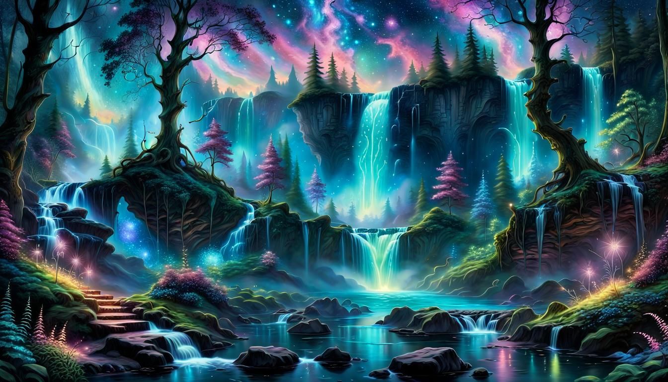 Dreamy Bioluminescent Waterfalls in a Vibrant Fairy Forest