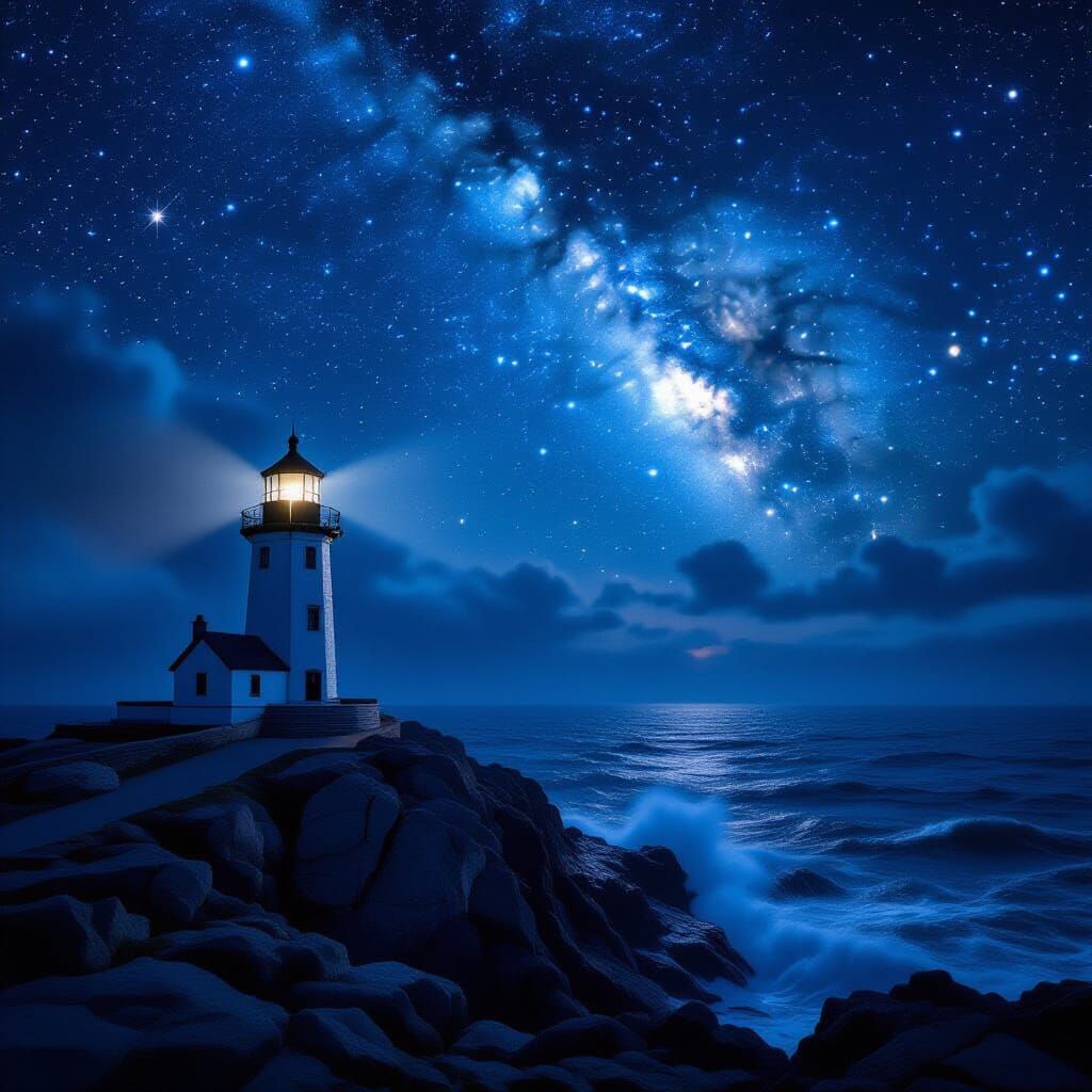 Lighthouse Keeper Gazes at Starry Sea on Craggy Island