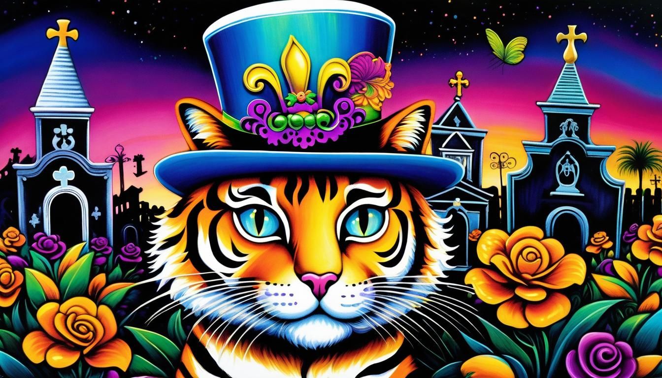 Mardi Gras Cat Riding Tiger in Graveyard