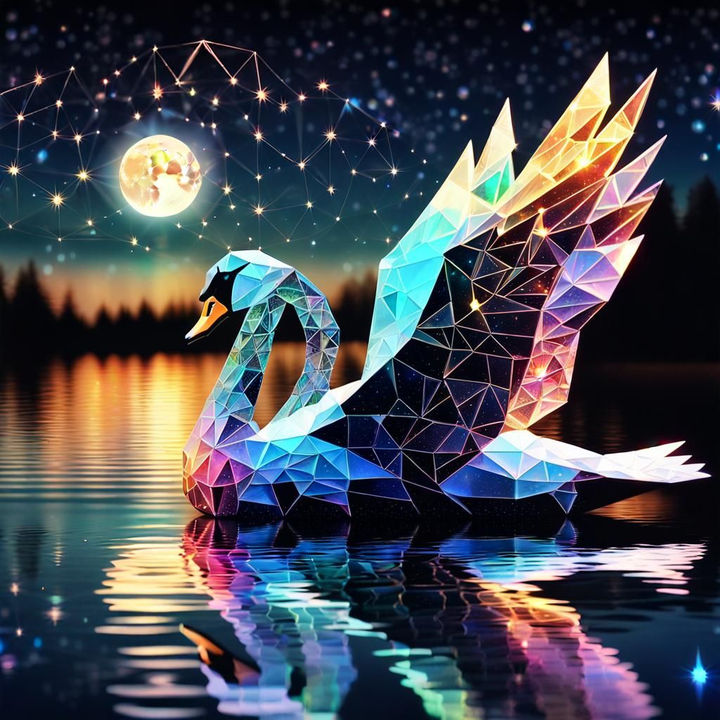 Iridescent Crystal Swan Glides on Lake at Night
