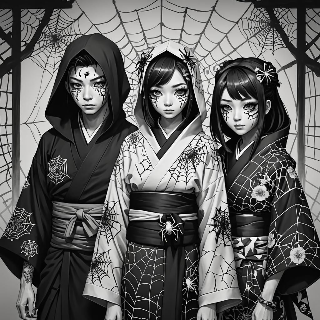 Monochrome Japanese Spiderweb Kimono Portrait