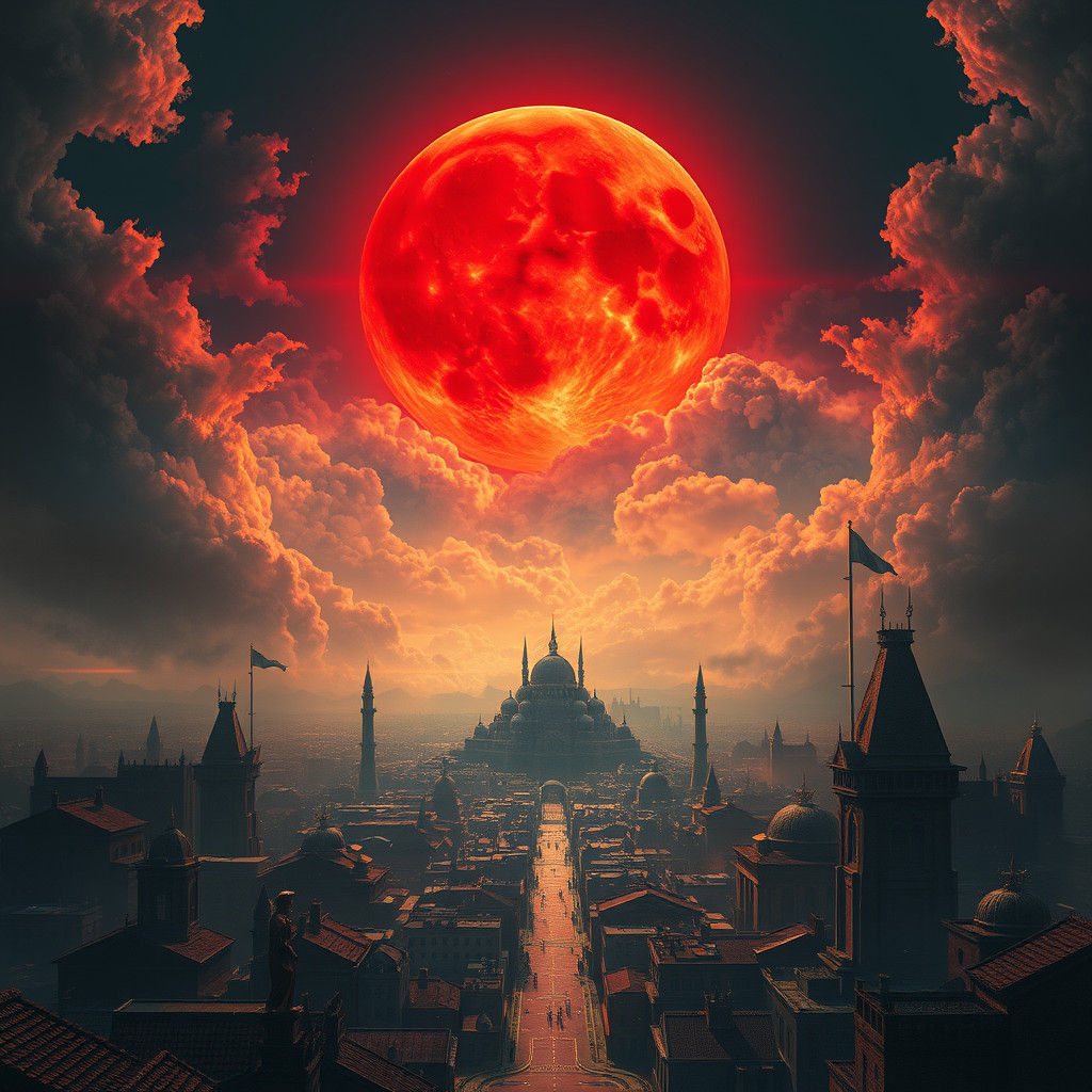 Blood-Red Moon Ascends Over Mystical Cityscape