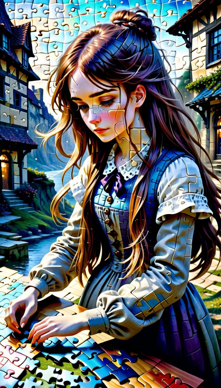 Surreal Puzzle Girl Portrait in Hyperdetailed Style