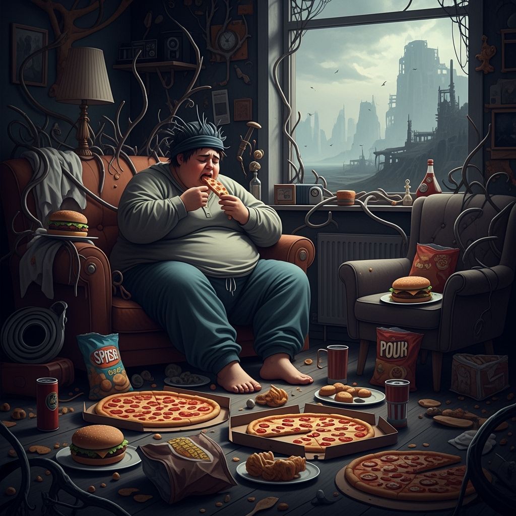 Obese Person's Desperate Meal in Dystopian Art Style