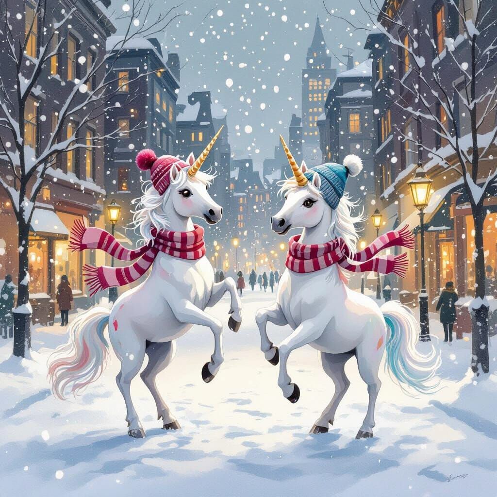 Dancing Unicorns in Winter City, Watercolor Style