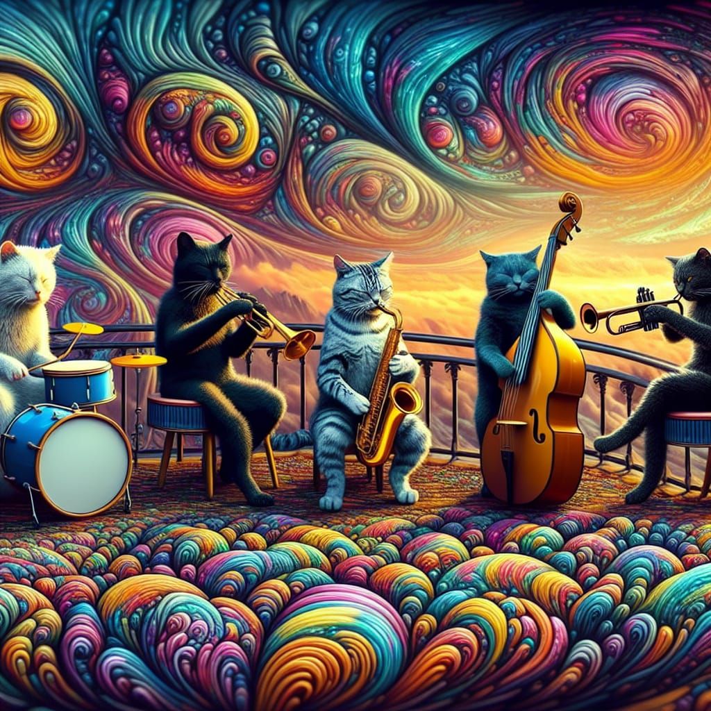 Surreal Cats Playing Jazz on Rooftop
