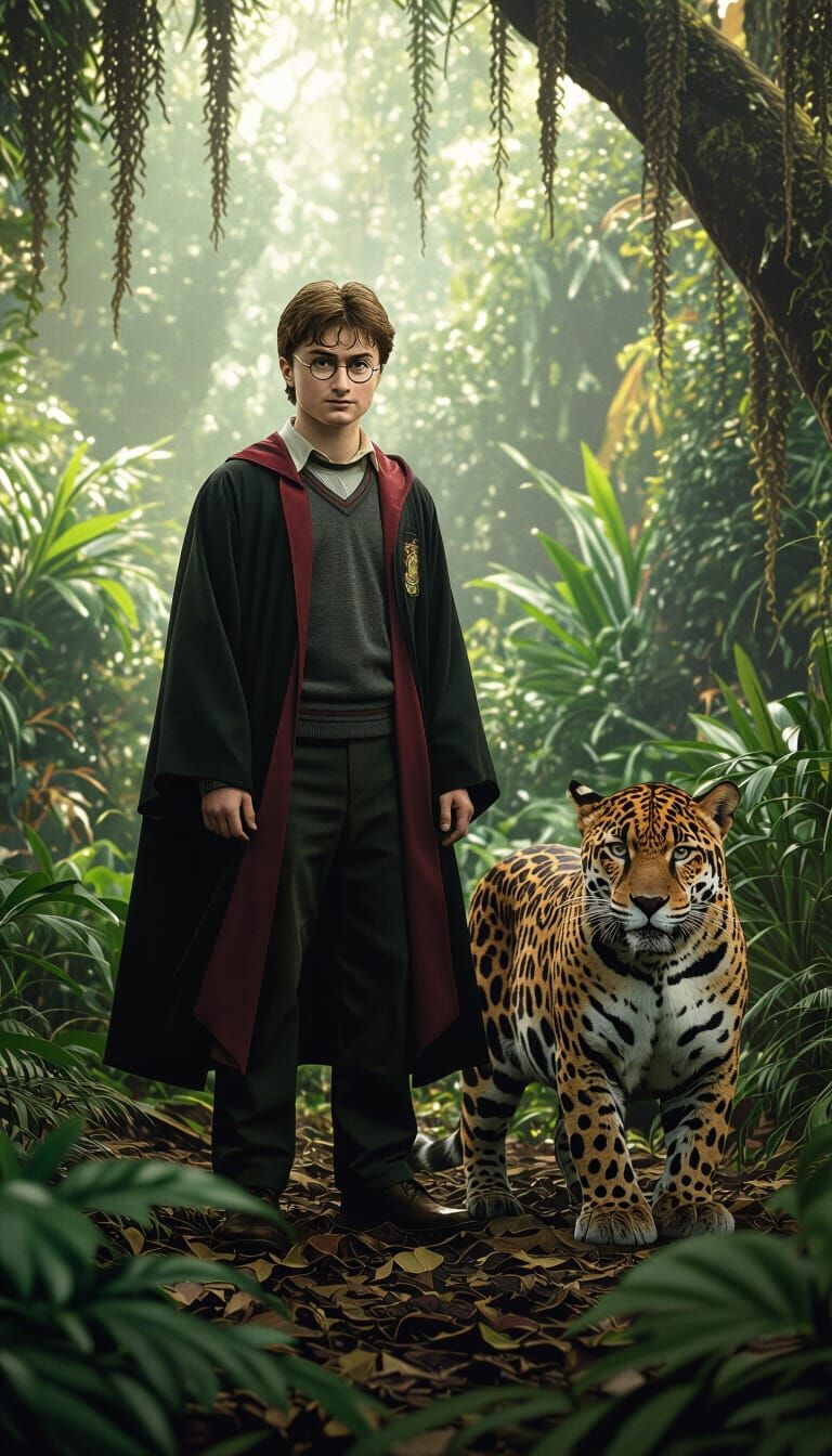 Harry Potter and Jaguar in Lush Oasis, Cinematic Film Still