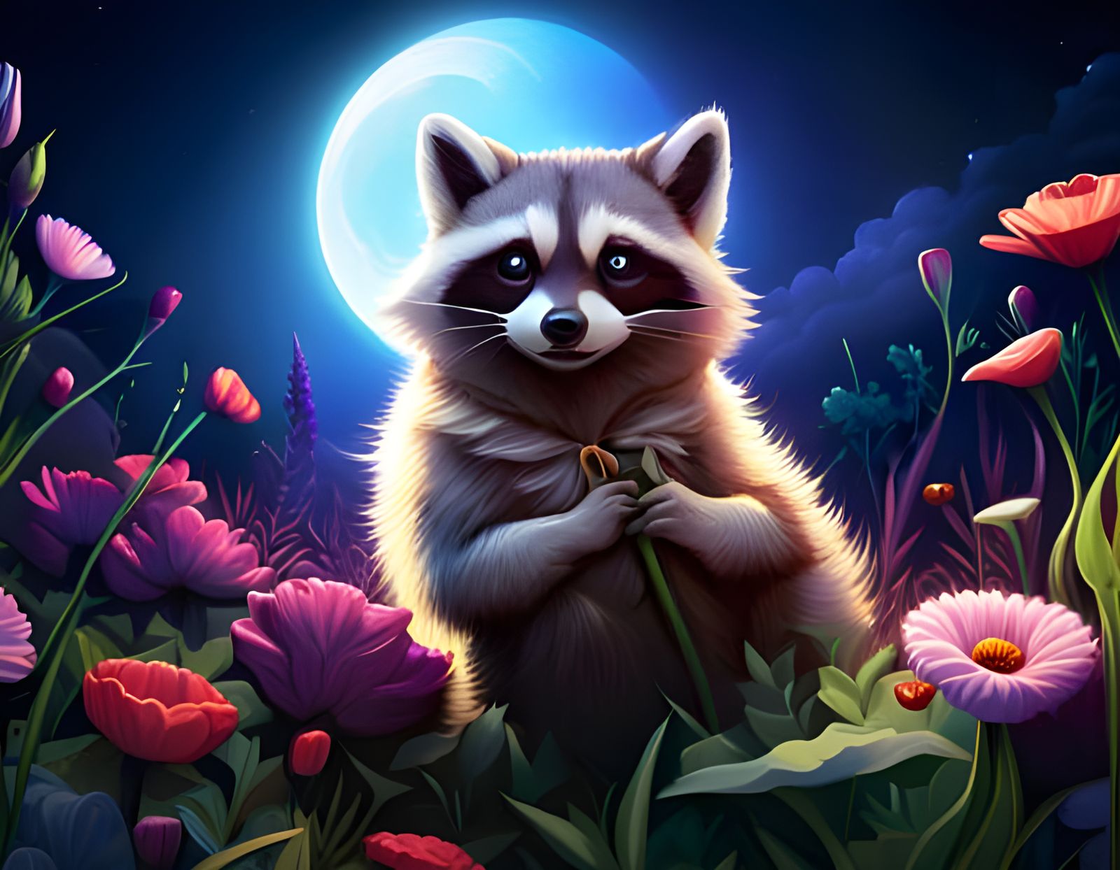 Cute Raccoon in Flower Field at Night