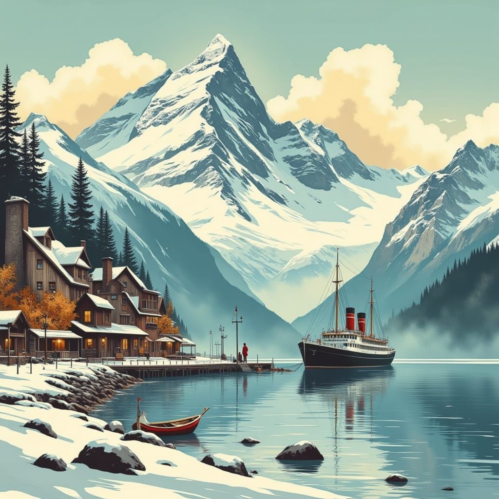 Vintage Travel Poster: Majestic Snowy Alpine Peaks and Harbo...