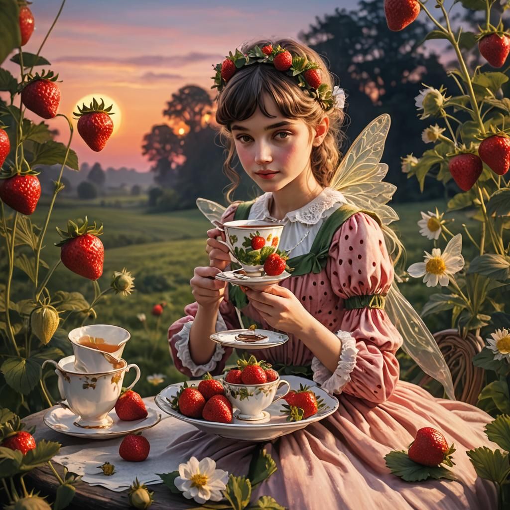 Strawberry and Fairy Tea Party at Sunset Painting