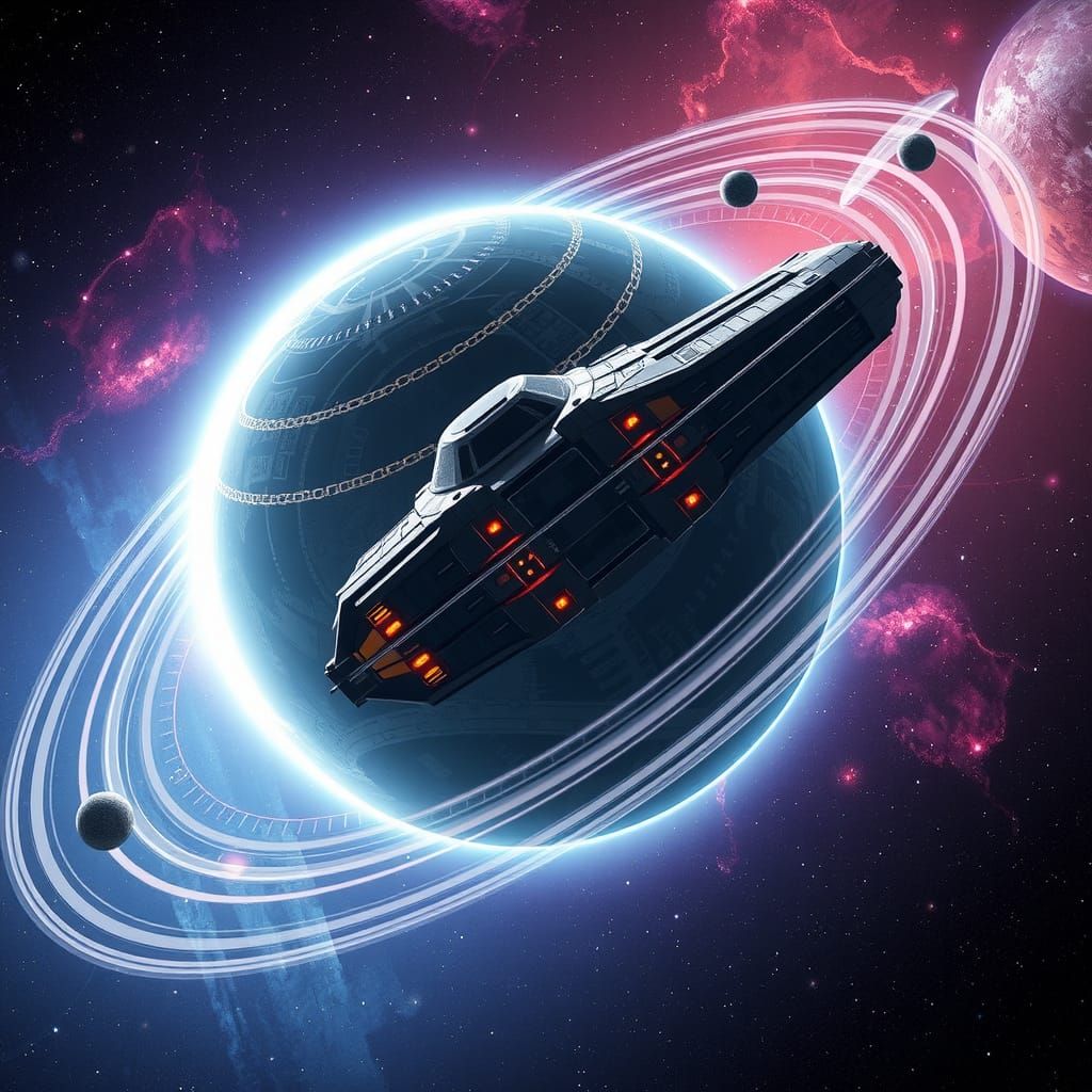 Spaceship Orbiting Alien Planet in Cosmic Illustration