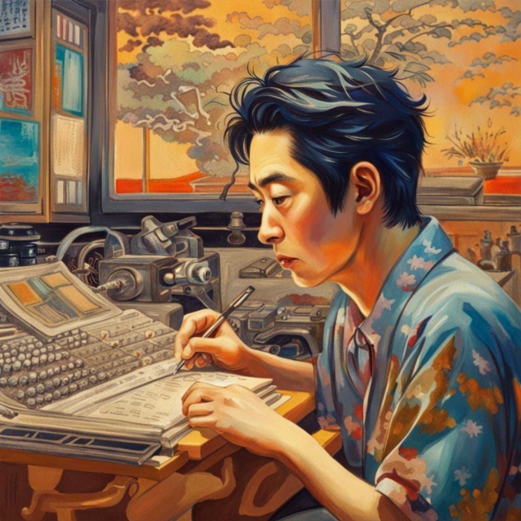 Japanese Newspaper Office Scene in Detailed Painting