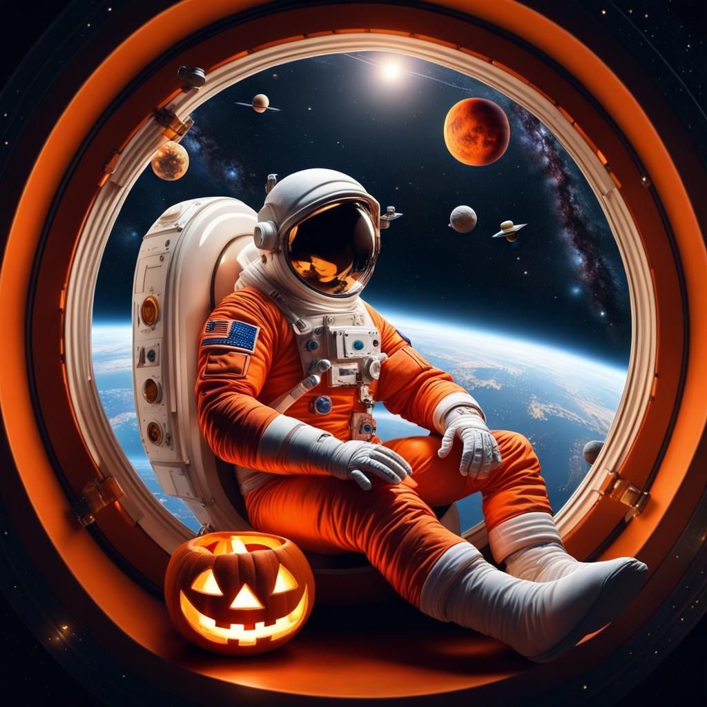 Astronaut Carving Jack-o-Lantern in Space