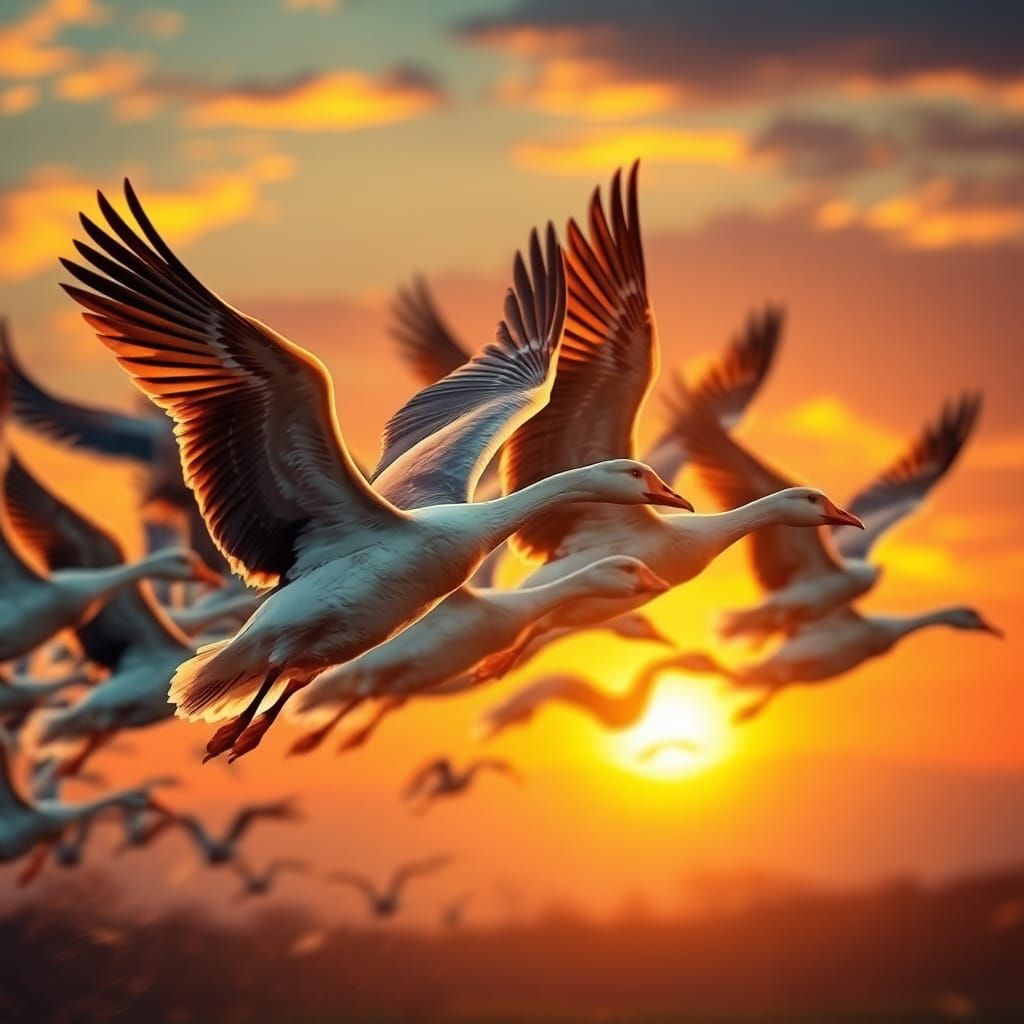 Geese Taking Flight at Sunrise, Hyperrealistic Splash Art