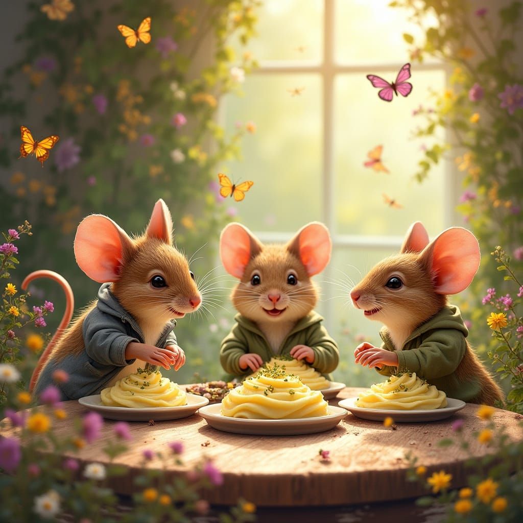 Whimsical Field Mouse Family Feast in Vibrant Watercolor Sty...