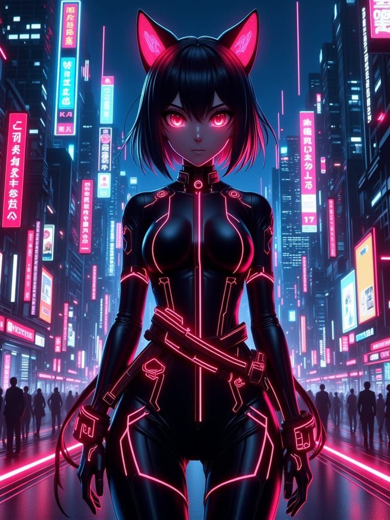 a futuristic, high-tech cat-eared woman in a black and glowing red traditional Miko style outfit, surrounded by a vibran...