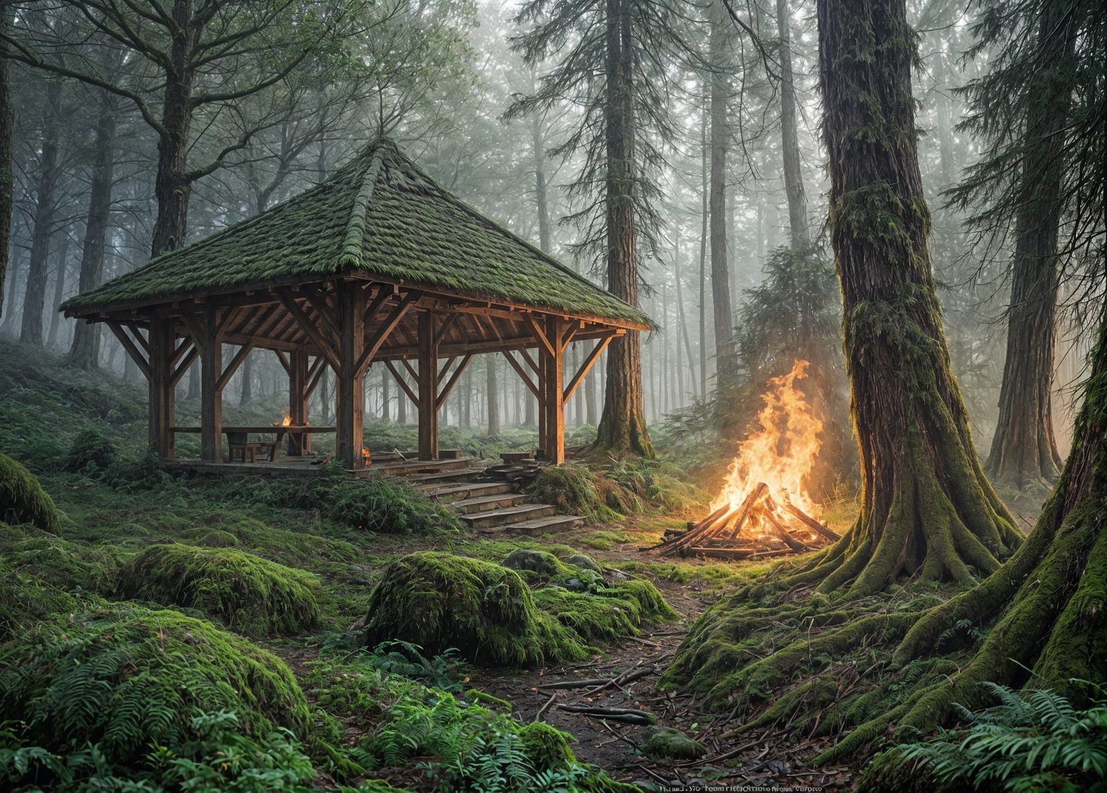 Smoky Fire in Damp Mossy Forest Shelter