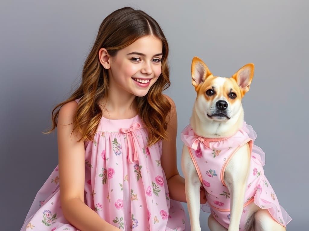 Woman and Dog Share Matching Floral Dress in Whimsical Portr...