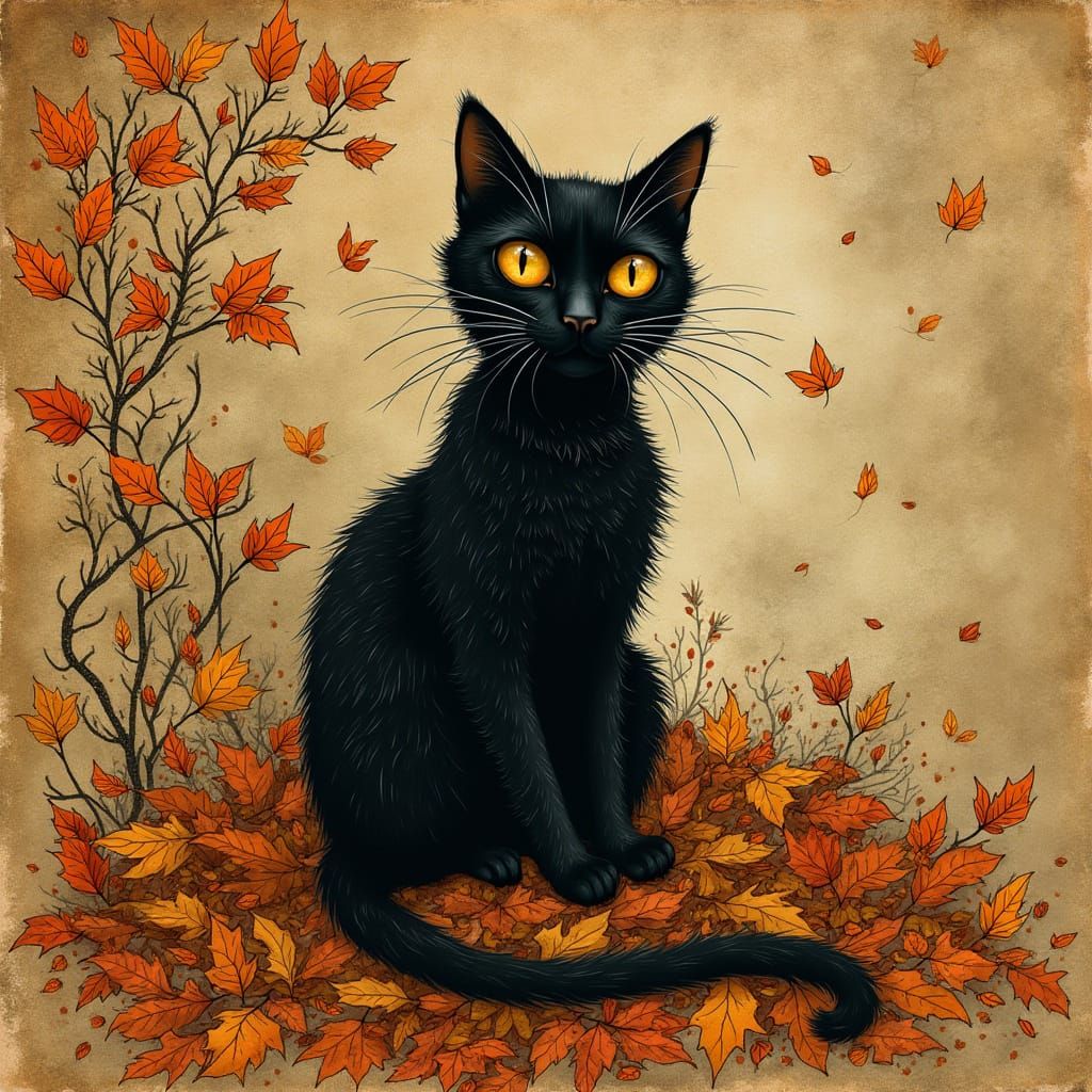 Autumnal Black Cat in Zentangle Dreamscape