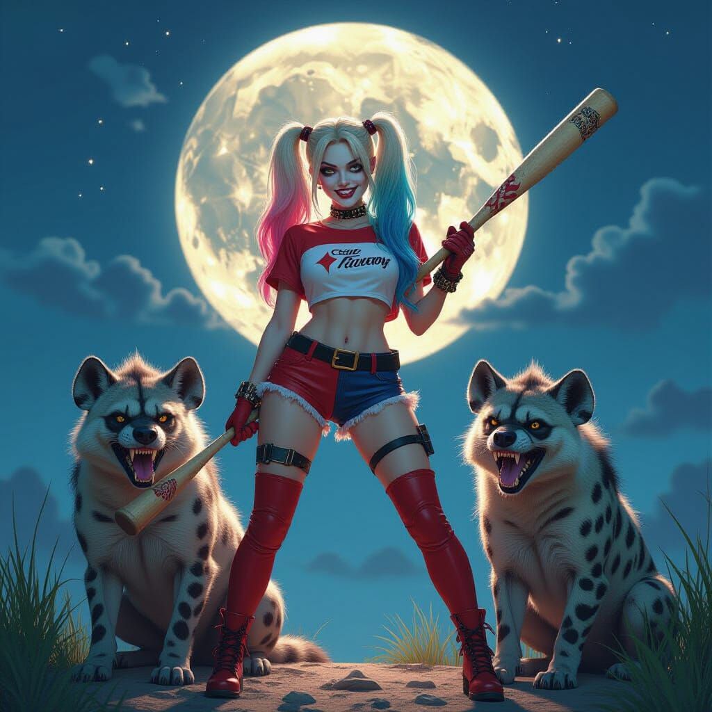 Harley Quinn with Hyenas Under Full Moon