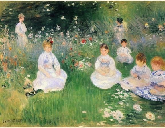 Impressionist Spring Garden with Children Playing