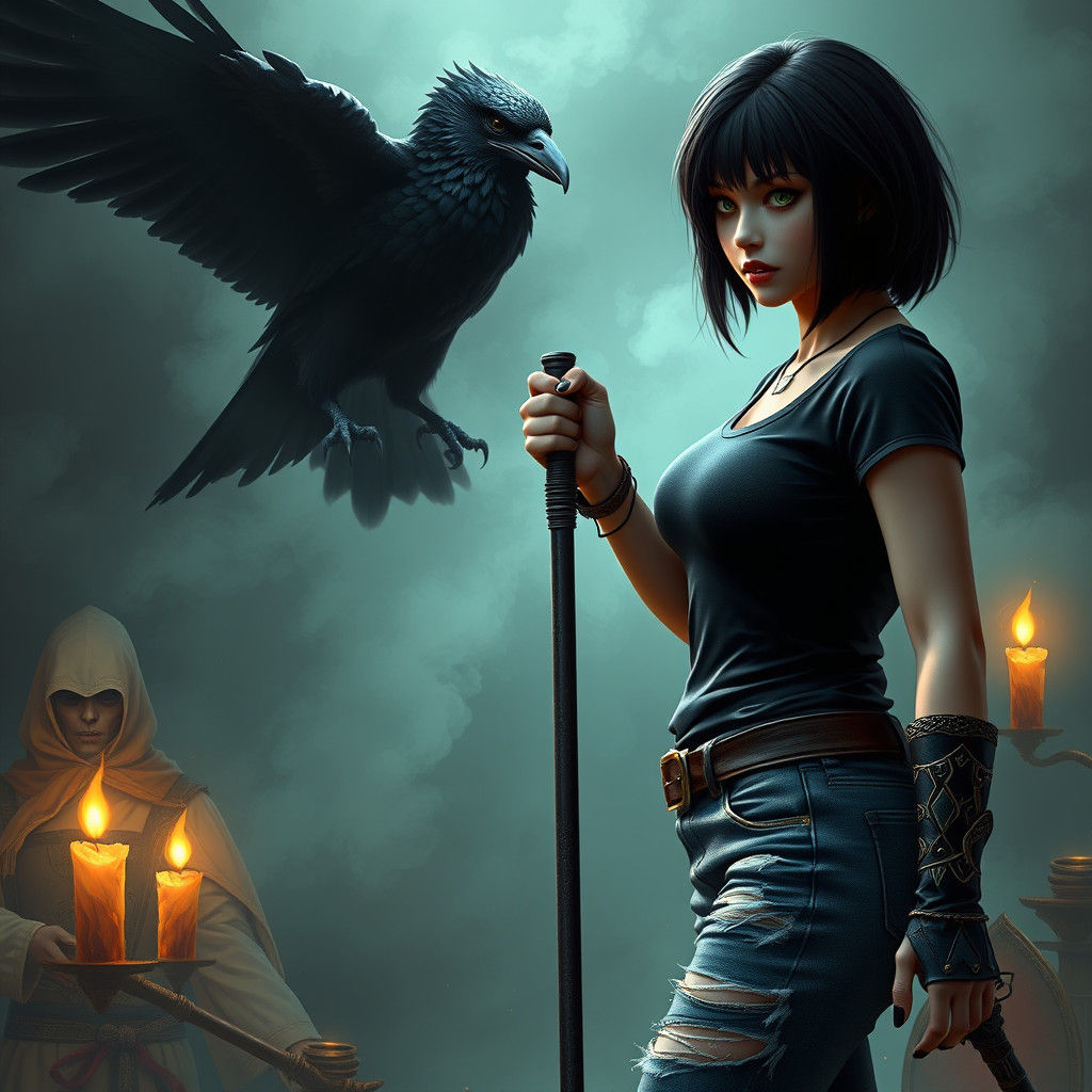 Mystical Duel: Female Warrior Confronts Mirror Image