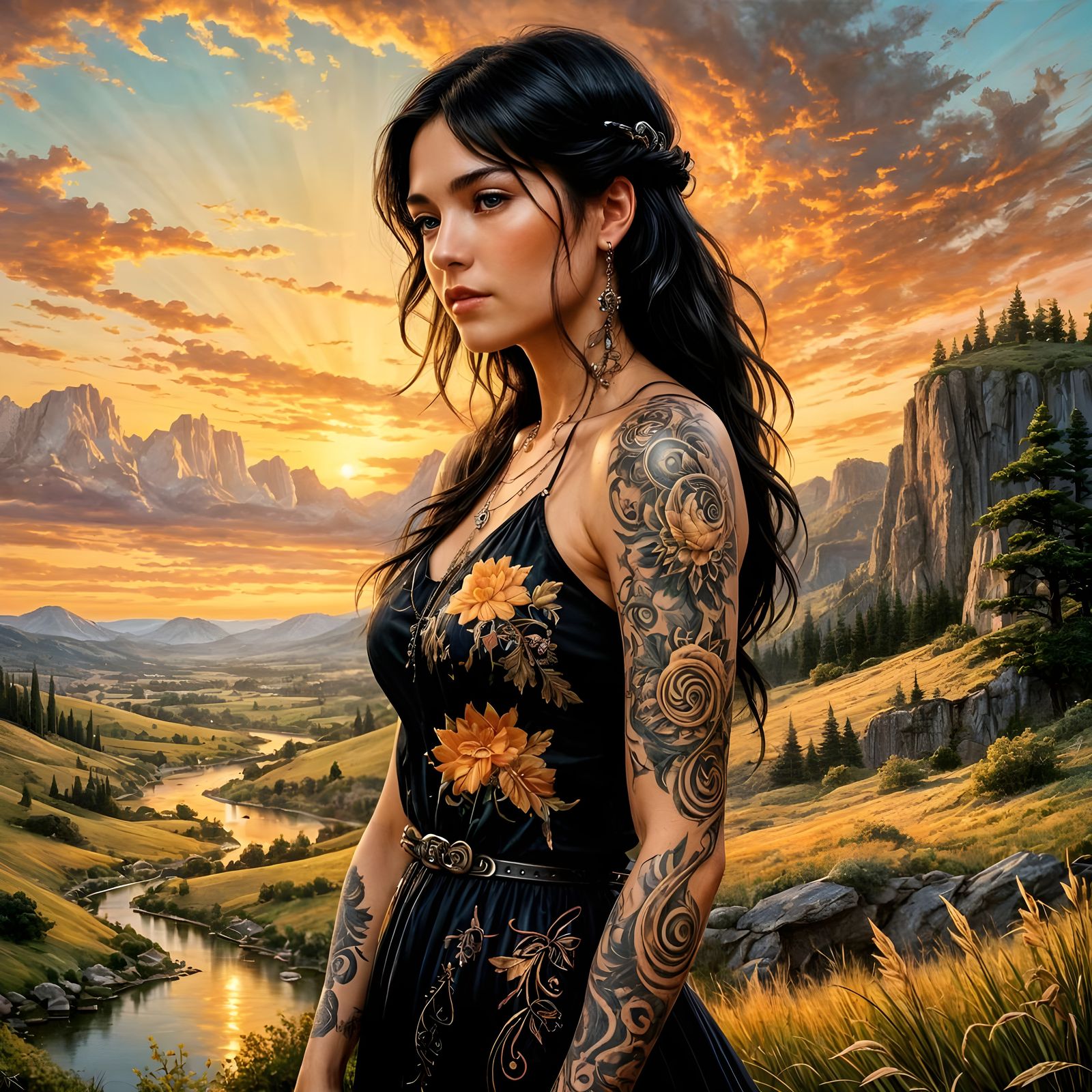 Mystical Sunset Goddess in Vintage-Inspired Oil Painting