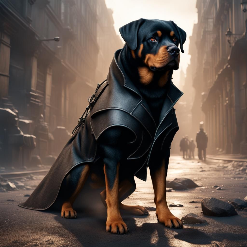 Rottweiler in Trench Coat: Detailed Fantasy Art