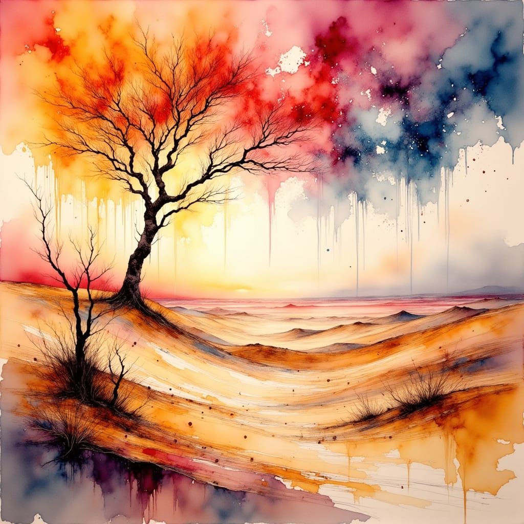 <lora:Ink Poet:1.0> A barren tree standing alone on an open desert surrounded by sand dunes. Slightly Dutch angle. Thick...